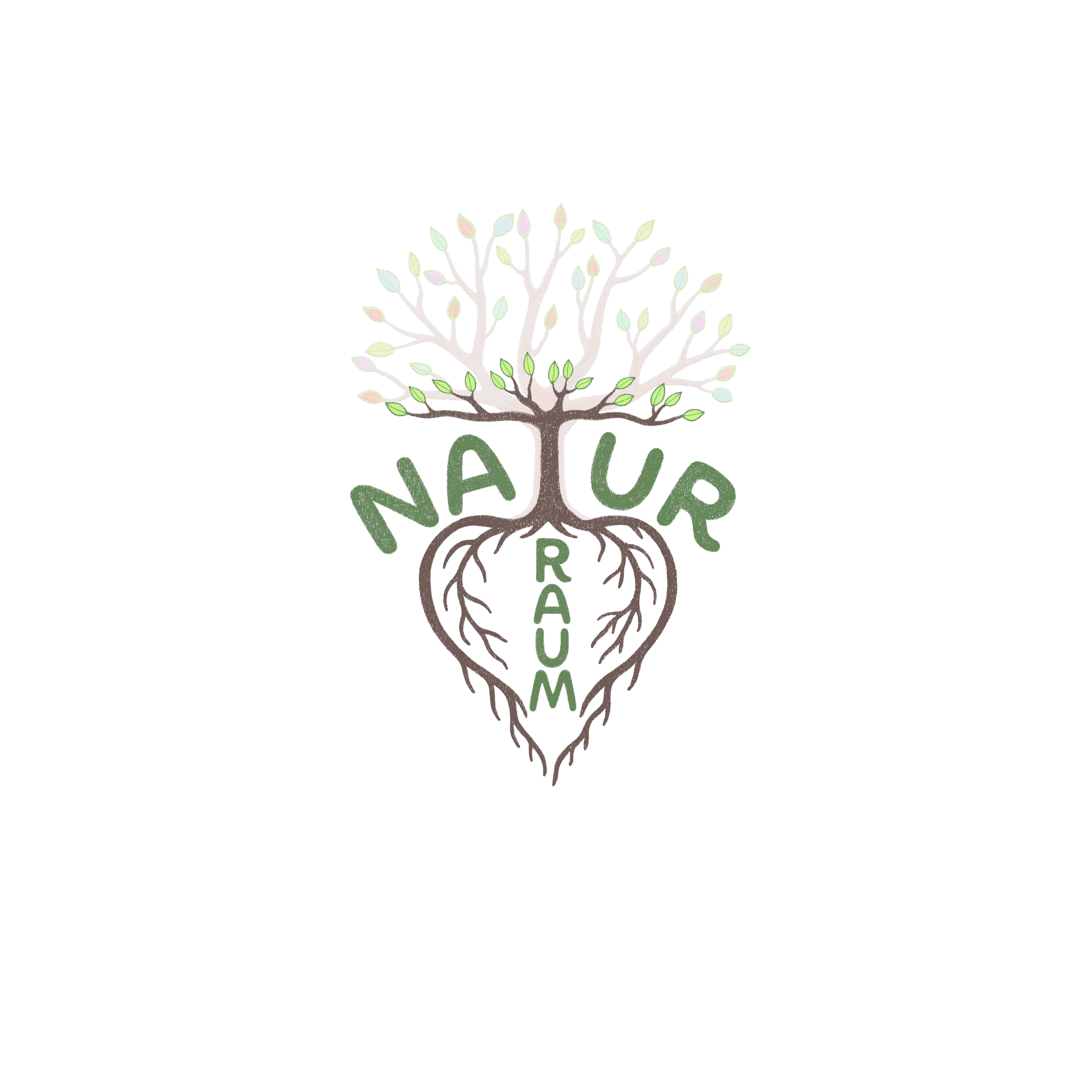 Logo von Naturraum: Ein handgezeichneter Baum mit heller Krone; seine Wurzeln formen ein Herz mit dem Wort Raum darin - Symbol für Naturverbundenheit.